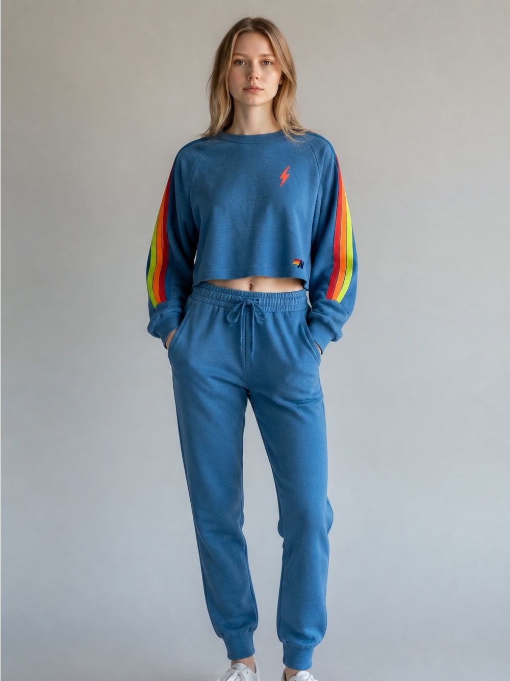 Aviator Nation Stripped Cropped Sweatshirt L Sky Neon Rainbow Casual Comfy Luxe